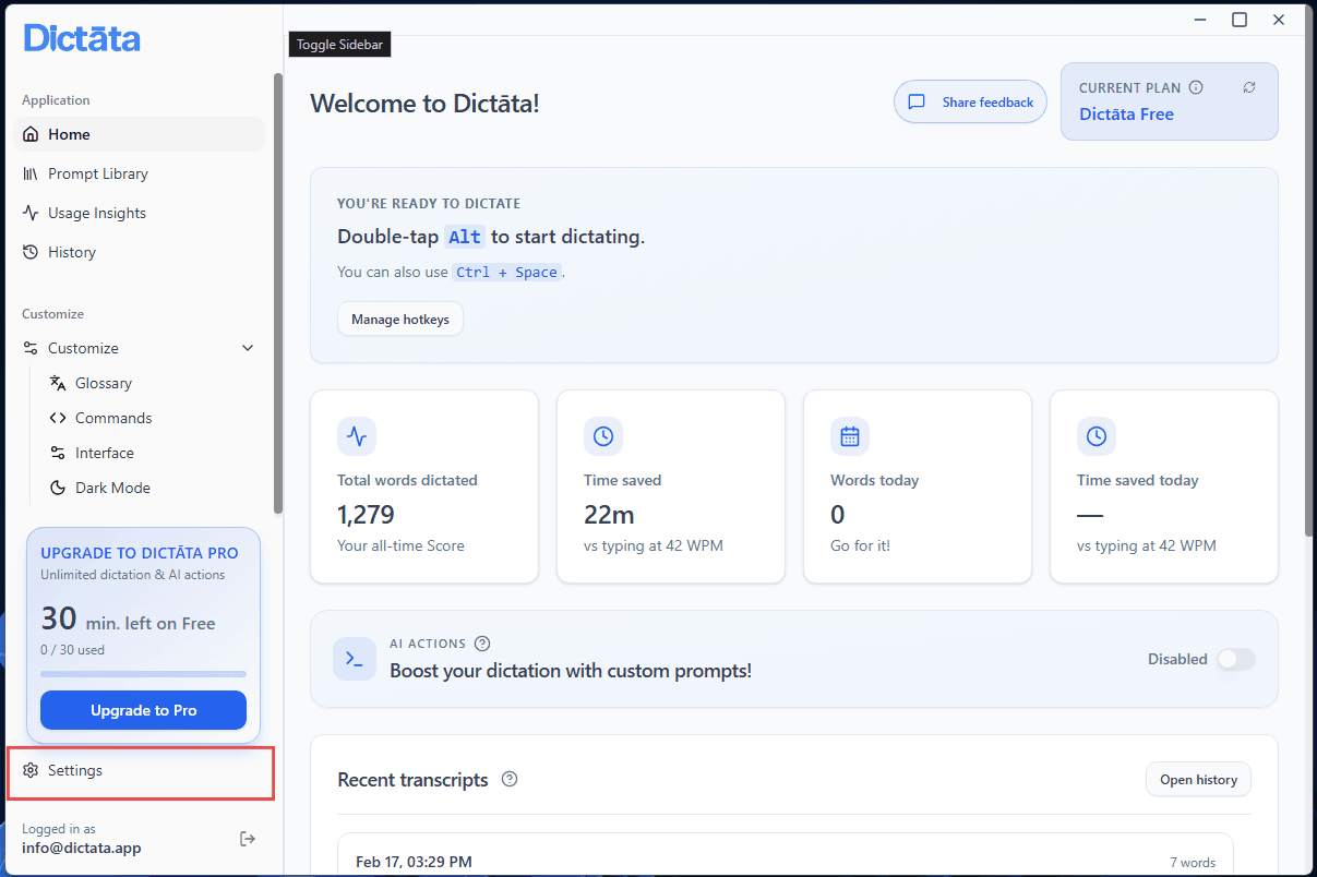 Desktop app main screen