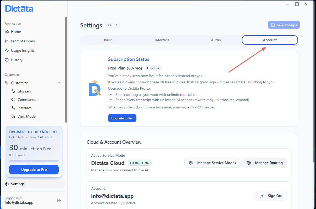 Desktop account settings section
