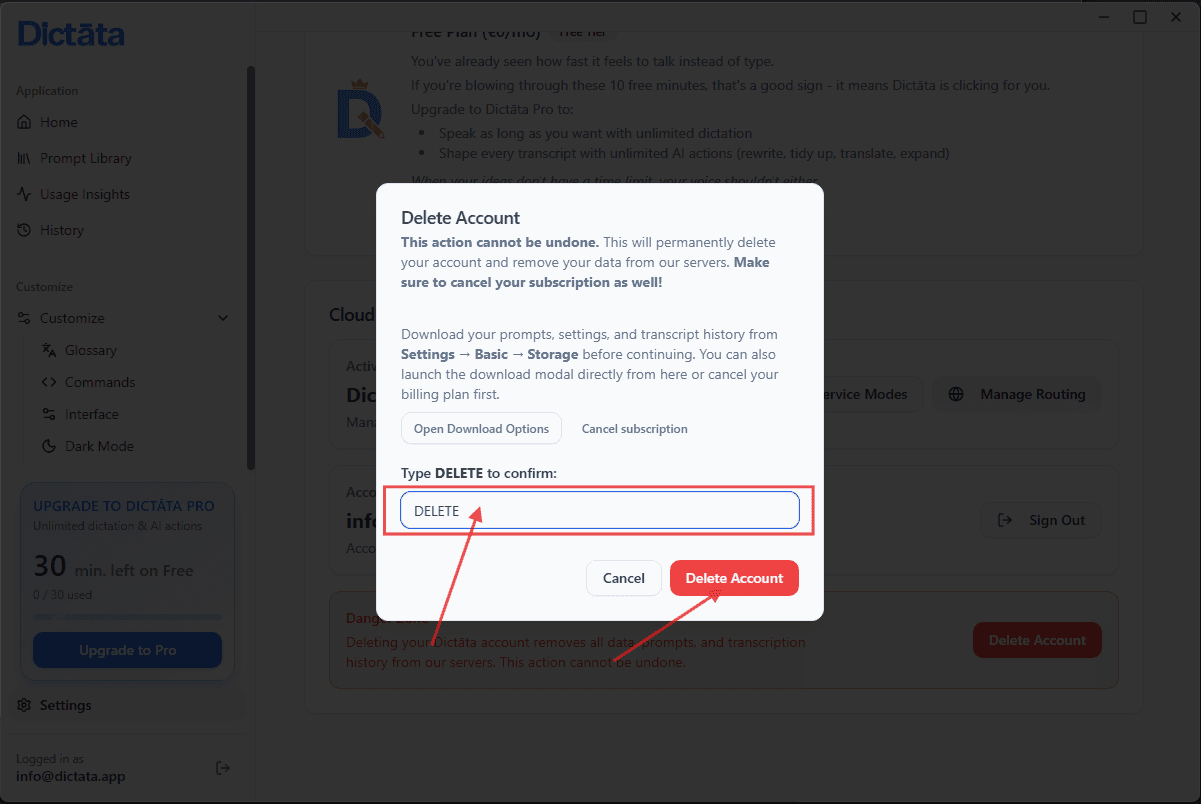 Desktop final delete account confirmation dialog