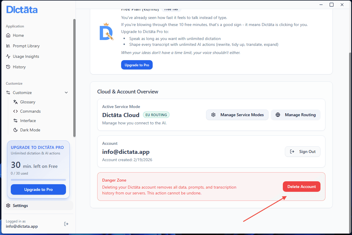Desktop delete account prompt