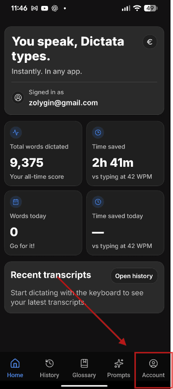 Mobile app main screen