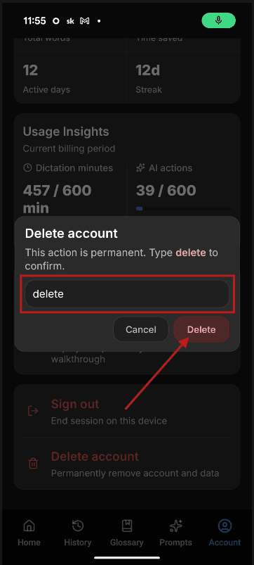 Mobile delete account confirmation input