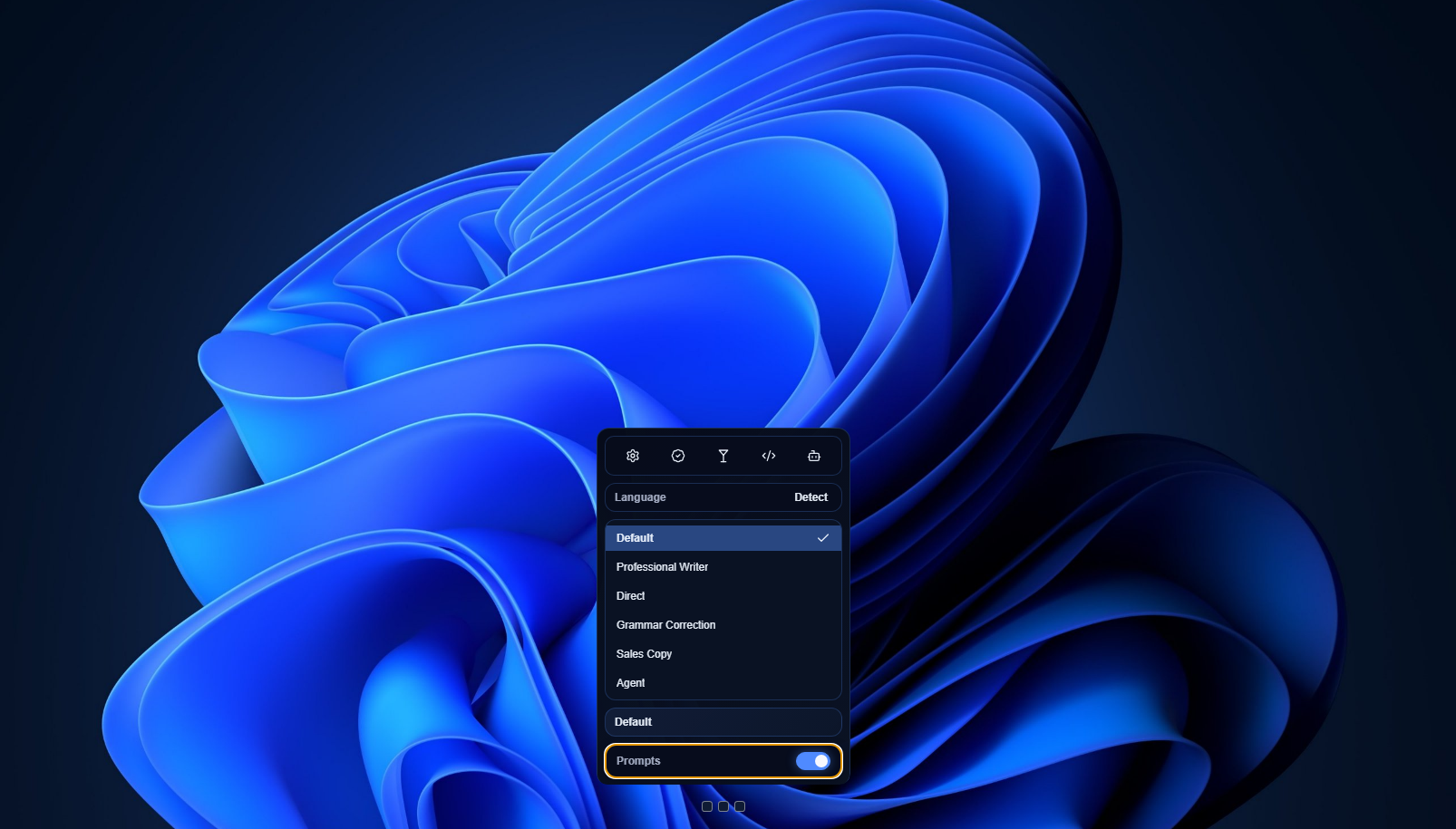 A Windows screen featuring a floating button and a drop-down where the user can choose prompts.