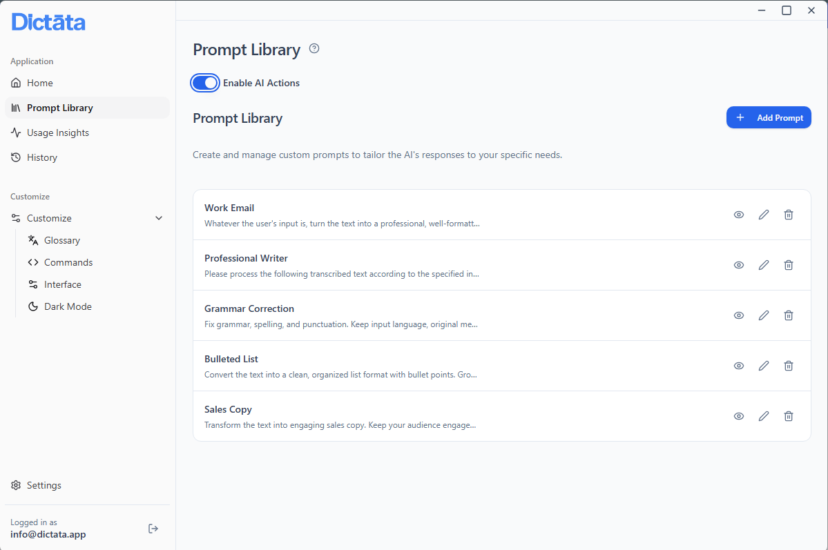Windows app dashboard displays prompt library and AI enhancements toggle