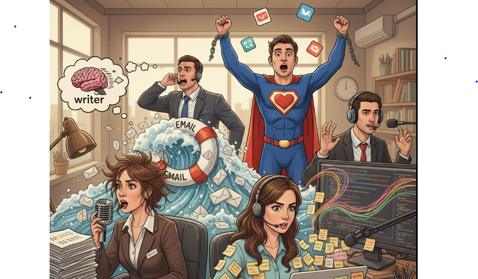 image featuring the five distinct character types (fast writer, email-drowned professional, app-chained person, code-dictating developer, lecture-note student) in one room