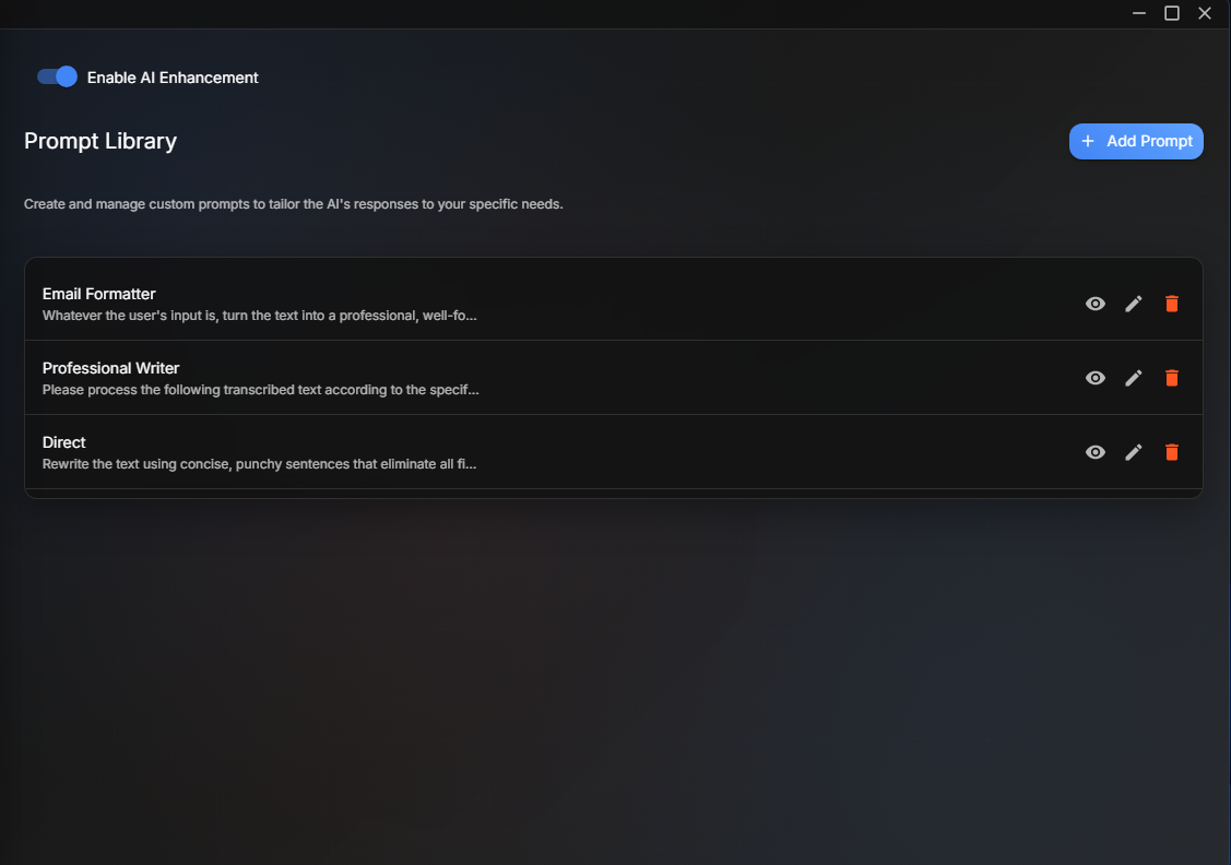 Windows app dashboard displays prompt library and AI enhancements toggle.